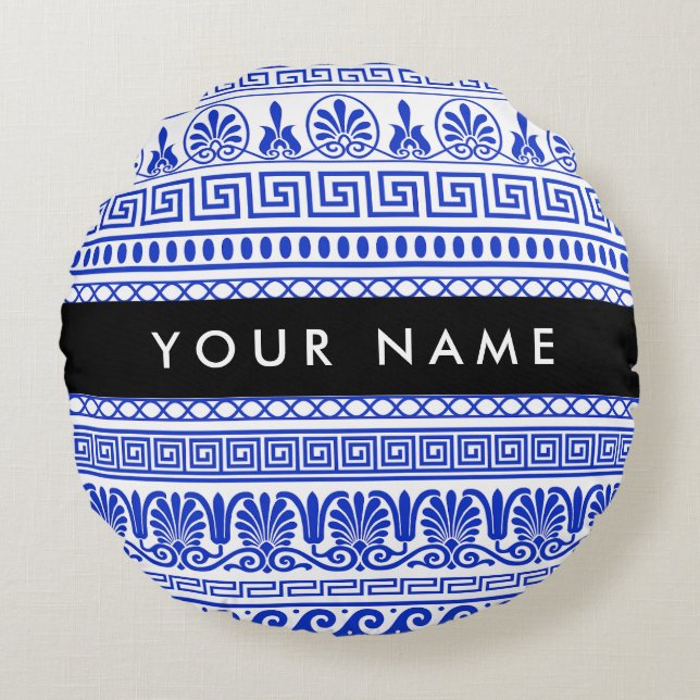 Fret, Gemengde Meander Key, Blauw, Jouw naam Rond Kussen (Voorkant)