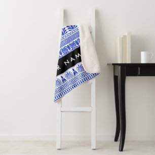 Fret, Gemengde Meander Key, Blauw, Jouw naam Sherpa Deken