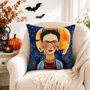 Frida-geïnspireerde folk art zwarte kat volle maan kussen