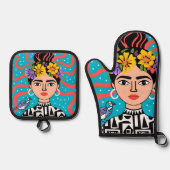 Frida geïnspireerde ovenwant en pannenlap set (Voorkant)