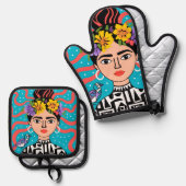 Frida geïnspireerde ovenwant en pannenlap set (Voorkant / Achterkant)