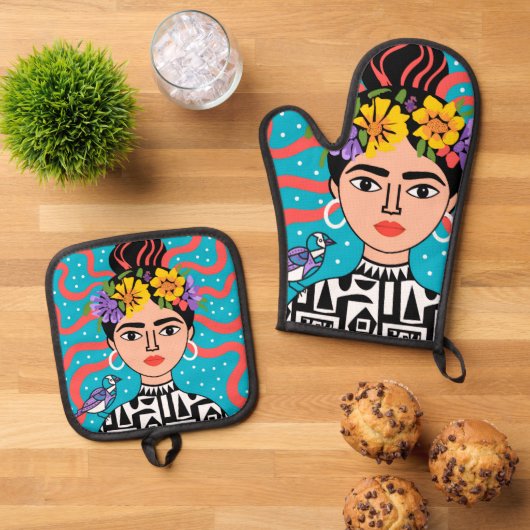 Frida geïnspireerde ovenwant en pannenlap set (Top down)