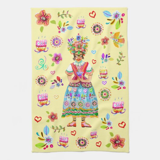 Frida Kahlo Flower Folk Art Inspiration Theedoek (Verticaal)