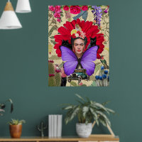 Frida Kahlo Kat Aap Kleurrijke Bloemen Collage