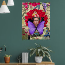 Frida Kahlo Kat Aap Kleurrijke Bloemen Collage