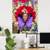 Frida Kahlo Kat Aap Kleurrijke Bloemen Collage Poster (Thuiskantoor)