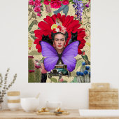 Frida Kahlo Kat Aap Kleurrijke Bloemen Collage Poster (Keuken)