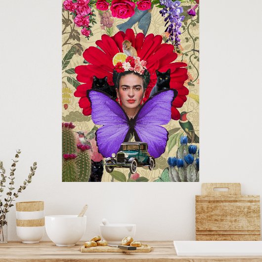 Frida Kahlo Kat Aap Kleurrijke Bloemen Collage Poster (Keuken)