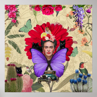 Frida Kahlo Kat Aap Kleurrijke Bloemen Collage Poster