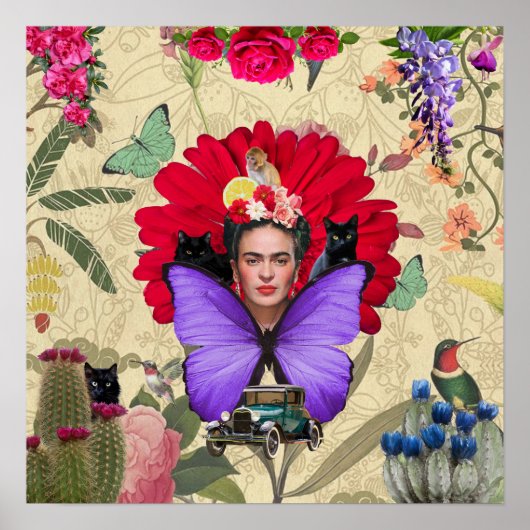 Frida Kahlo Kat Aap Kleurrijke Bloemen Collage Poster (Voorkant)