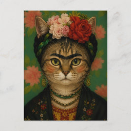 Frida Kahlo Kat Portret Bloem Kunstprint  Briefkaart