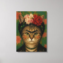 Frida Kahlo Kat Portret Bloem Kunstprint  Canvas Afdruk