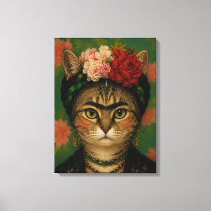 Frida Kahlo Kat Portret Bloem Kunstprint Canvas Afdruk