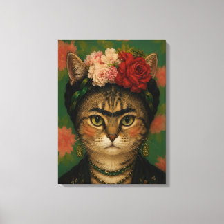 Frida Kahlo Kat Portret Bloem Kunstprint  Canvas Afdruk
