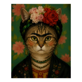Frida Kahlo Kat Portret Bloem Kunstprint  Perfect Poster