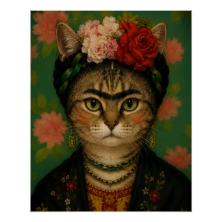 Frida Kahlo Kat Portret Bloem Kunstprint  Perfect Poster
