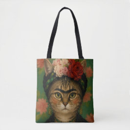 Frida Kahlo Kat Portret Bloem Kunstprint  Tote Bag