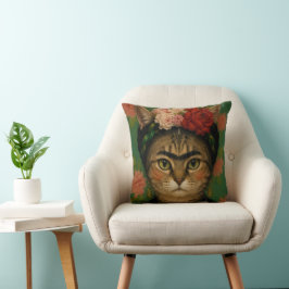 Frida Kahlo Kat Portret Bloemstuk Kunstprint  Kussen