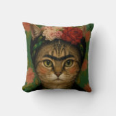 Frida Kahlo Kat Portret Bloemstuk Kunstprint Kussen (Voorkant)