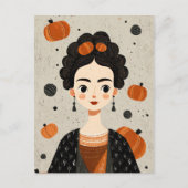 Frida Kahlo met pompoenen Spooky Schattigee Hallow Briefkaart (Voorkant)