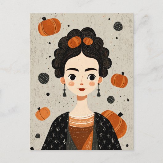 Frida Kahlo met pompoenen Spooky Schattigee Hallow Briefkaart (Voorkant)