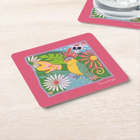 Frida Kahlo Parrot Graphic Kartonnen Onderzetters (Schuin)