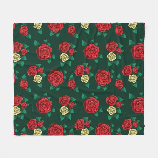 Frida Kahlo | Patroon rood en gouden Roos Fleece Deken (Voorkant (Horizontaal))