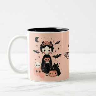 Frida Kahlo Pink Pasteloween Happy Halloween Tweekleurige Koffiemok