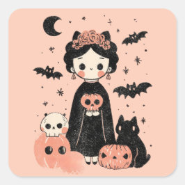 Frida Kahlo Pink Pasteloween Spooky Cute Halloween Vierkante Sticker