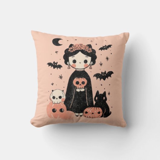 Frida Kahlo Pink Pasteloween Spooky Schattige Hall Kussen (Voorkant)