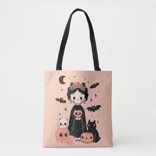 Frida Kahlo Pink Pasteloween Spooky Schattige Hall Tote Bag (Voorkant)
