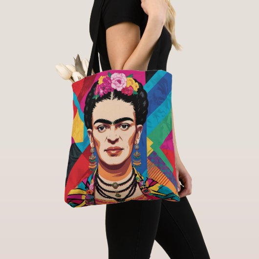Frida Kahlo Pop Art Portrait – Levendige kleuren Tote Bag (Dichtbij)