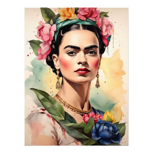 Frida Kahlo Portrait with Flowers Foto Afdruk (Voorkant)