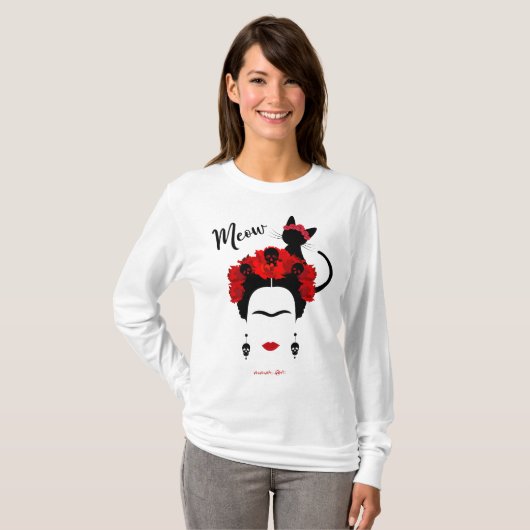 Frida Kahlo portret en schattige Mexicaanse kat T-shirt (Voorkant volledig)
