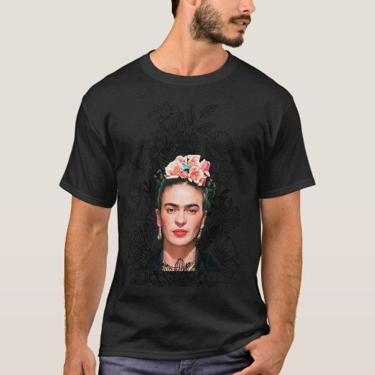Frida Kahlo portretkleur, zwart-witte bloem T-shirt (Voorkant)