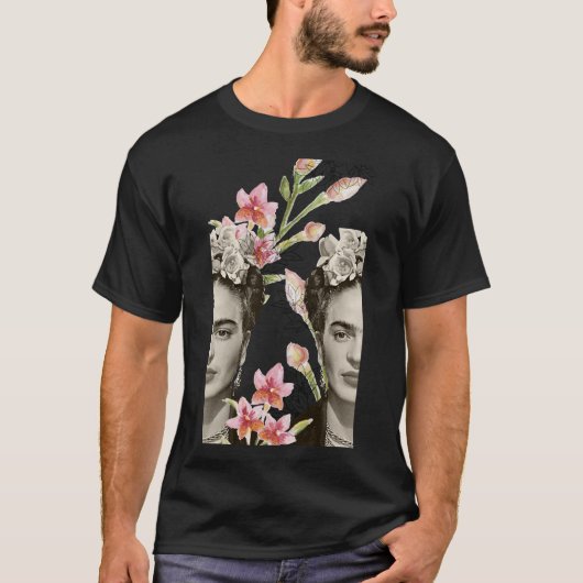 Frida Kahlo print, bloemen, kleur, zwart-wit T-shirt (Voorkant)