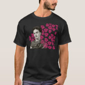 Frida Kahlo print, gekleurde bloemen, zwart en wit T-shirt (Voorkant)