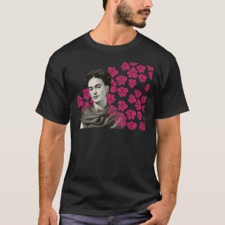 Frida Kahlo print, gekleurde bloemen, zwart en wit T-shirt