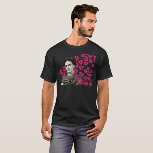 Frida Kahlo print, gekleurde bloemen, zwart en wit T-shirt (Voorkant volledig)