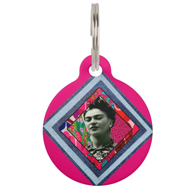 Frida Kahlo Retro Denim Diamond Huisdierpenning (Voorkant)