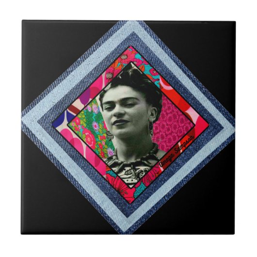 Frida Kahlo Retro Denim Diamond Tegeltje (Voorkant)