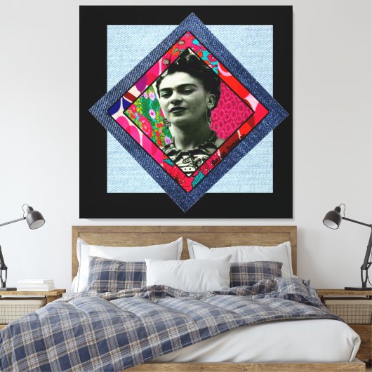 Frida Kahlo Retro Pink Denim Canvas Afdruk (Insitu (Slaapkamer))