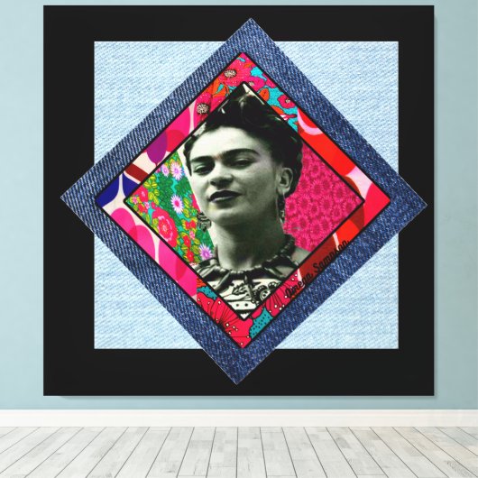Frida Kahlo Retro Pink Denim Canvas Afdruk (Insitu (Houten vloer))