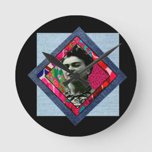 Frida Kahlo Retro Pink Denim Ronde Klok