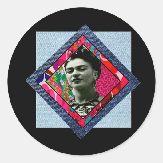 Frida Kahlo Retro Pink Denim Ronde Sticker (Voorkant)