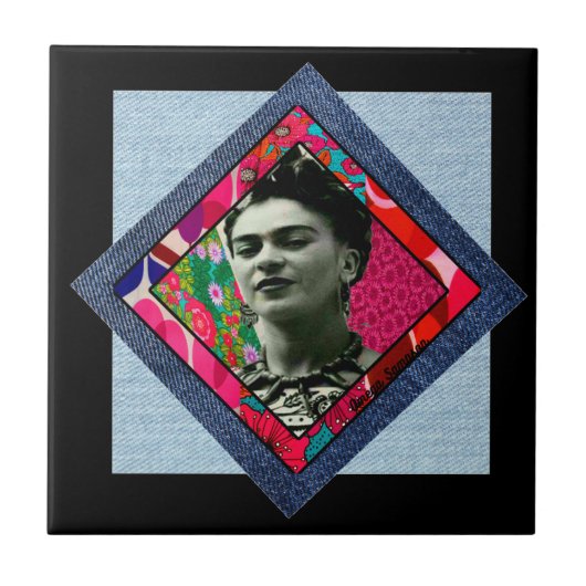 Frida Kahlo Retro Pink Denim Tegeltje (Voorkant)