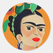 Frida Kahlo sticker, oranje achtergrond Ronde Sticker (Voorkant)