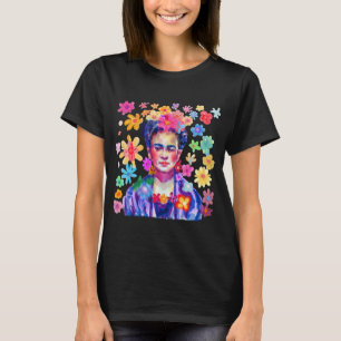 Frida Kahlo Waterverf Retro Groovy Flowers Vrouwen T-shirt