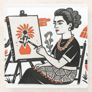 Frida Kahlo zittende schilderij bloemmotief stijl Glazen Onderzetter