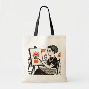 Frida Kahlo zittende schilderij bloemmotief stijl Tote Bag